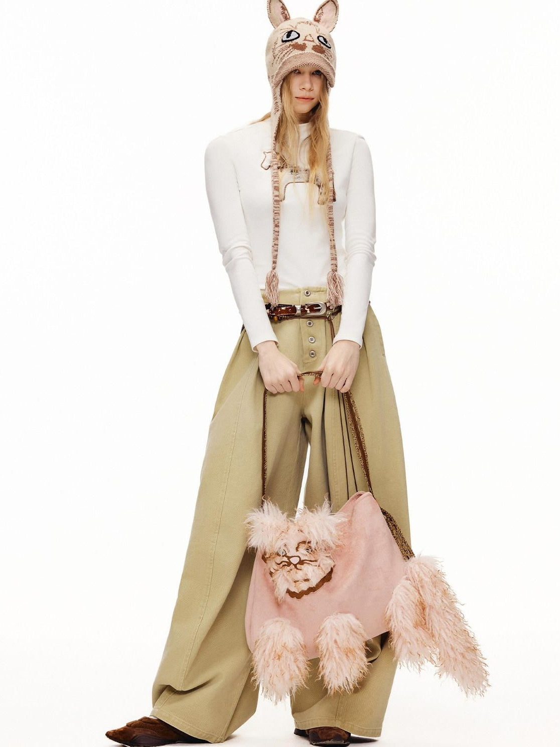 Outthe Blue Cute Edgy Cat Print Square Single Shoulder Women Vintage Pink Khaki Tote Bags