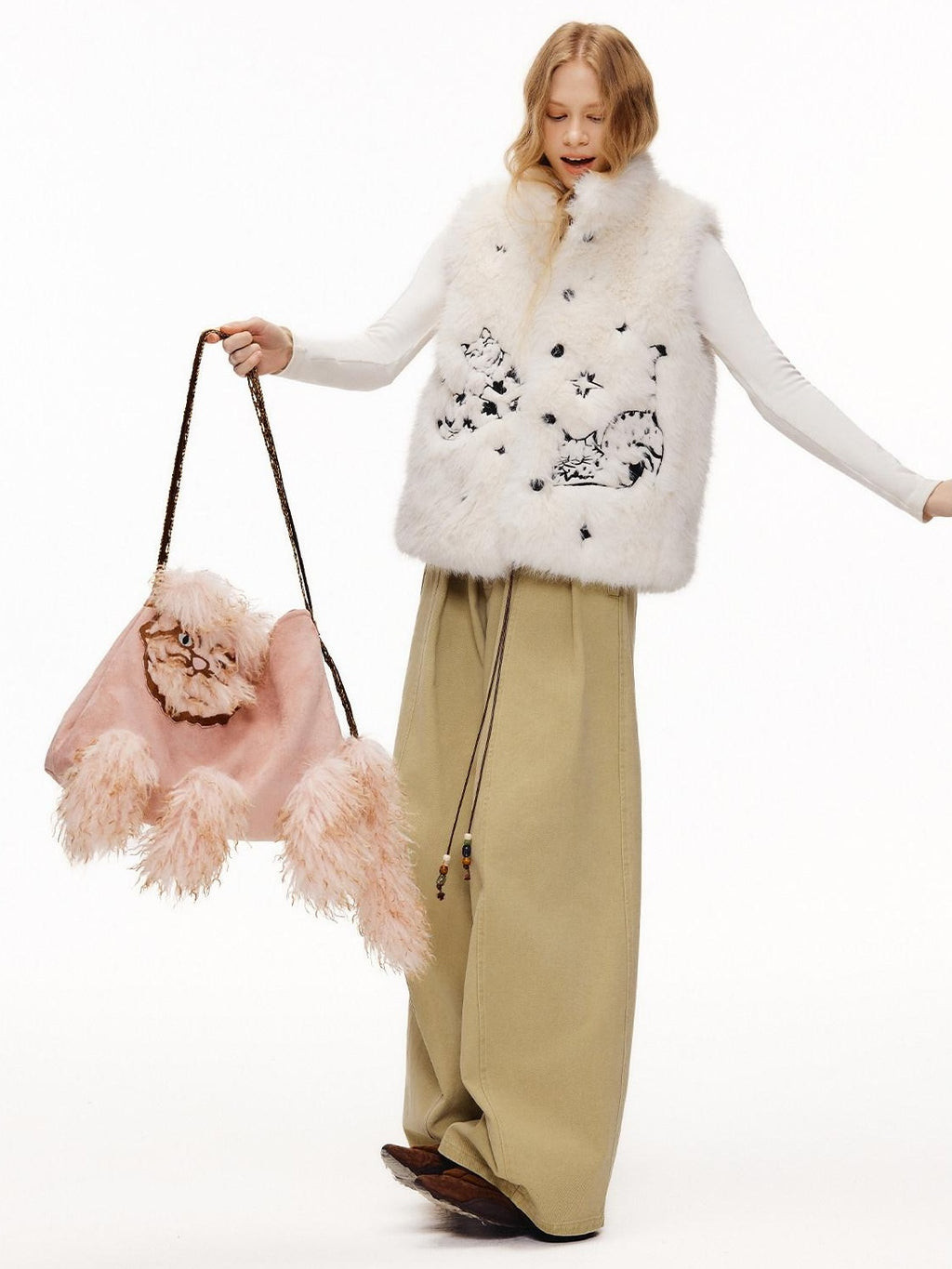 Outthe Blue Cute Edgy Cat Print Square Single Shoulder Women Vintage Pink Khaki Tote Bags