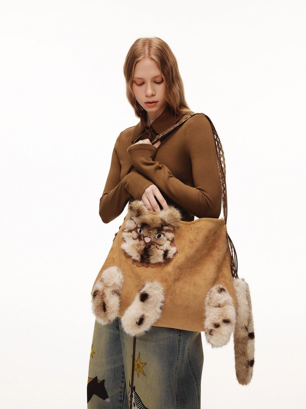 Outthe Blue Cute Edgy Cat Print Square Single Shoulder Women Vintage Pink Khaki Tote Bags