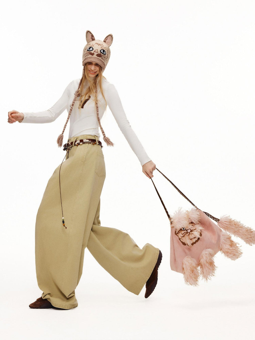 Outthe Blue Cute Edgy Cat Print Square Single Shoulder Women Vintage Pink Khaki Tote Bags