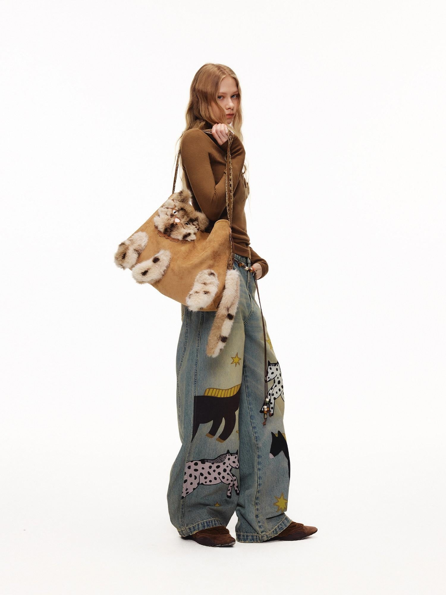 Outthe Blue Cute Edgy Cat Print Square Single Shoulder Women Vintage Pink Khaki Tote Bags