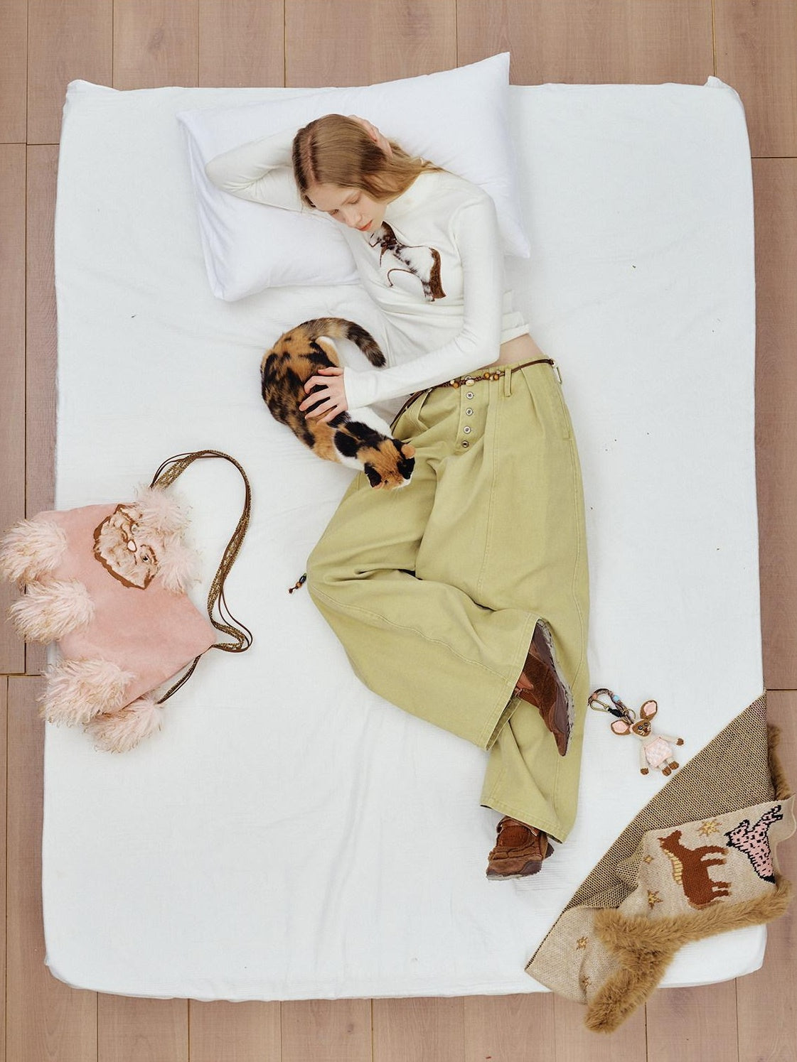 Outthe Blue Cute Edgy Cat Print Square Single Shoulder Women Vintage Pink Khaki Tote Bags