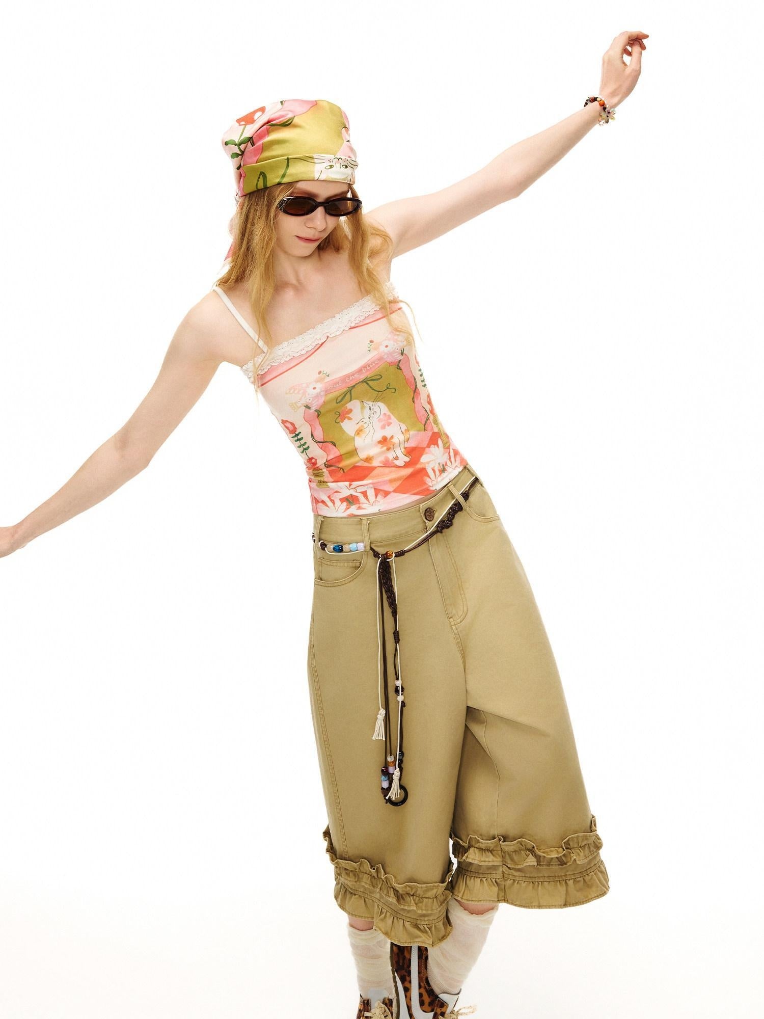 Outthe Blue Delicate Lace Animal Print Cropped Strappy Womens Pink Green Guava Camisoles