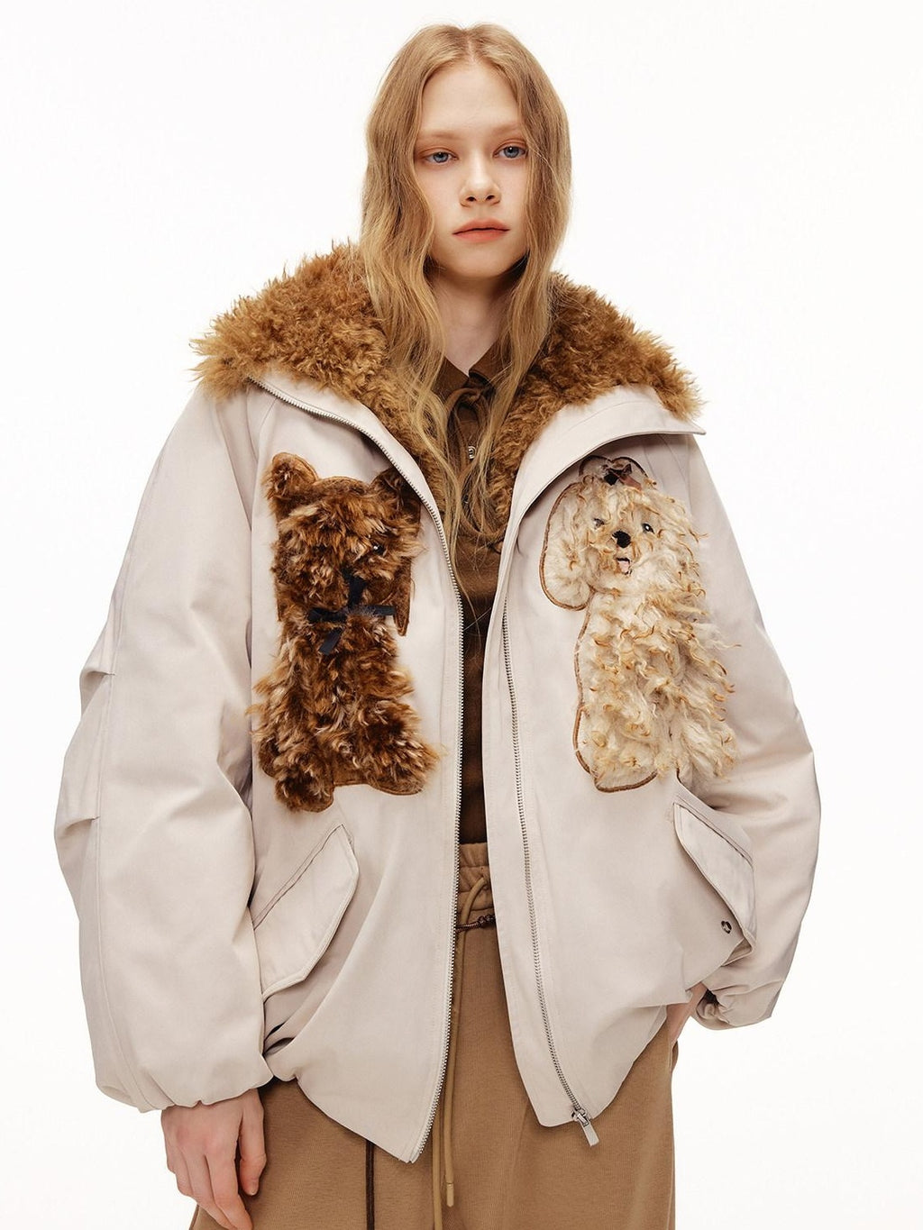 Outthe Blue Eco 90 Down Warm Loose Casual Patch Lapel High Waist Women Zipper Down Jackets
