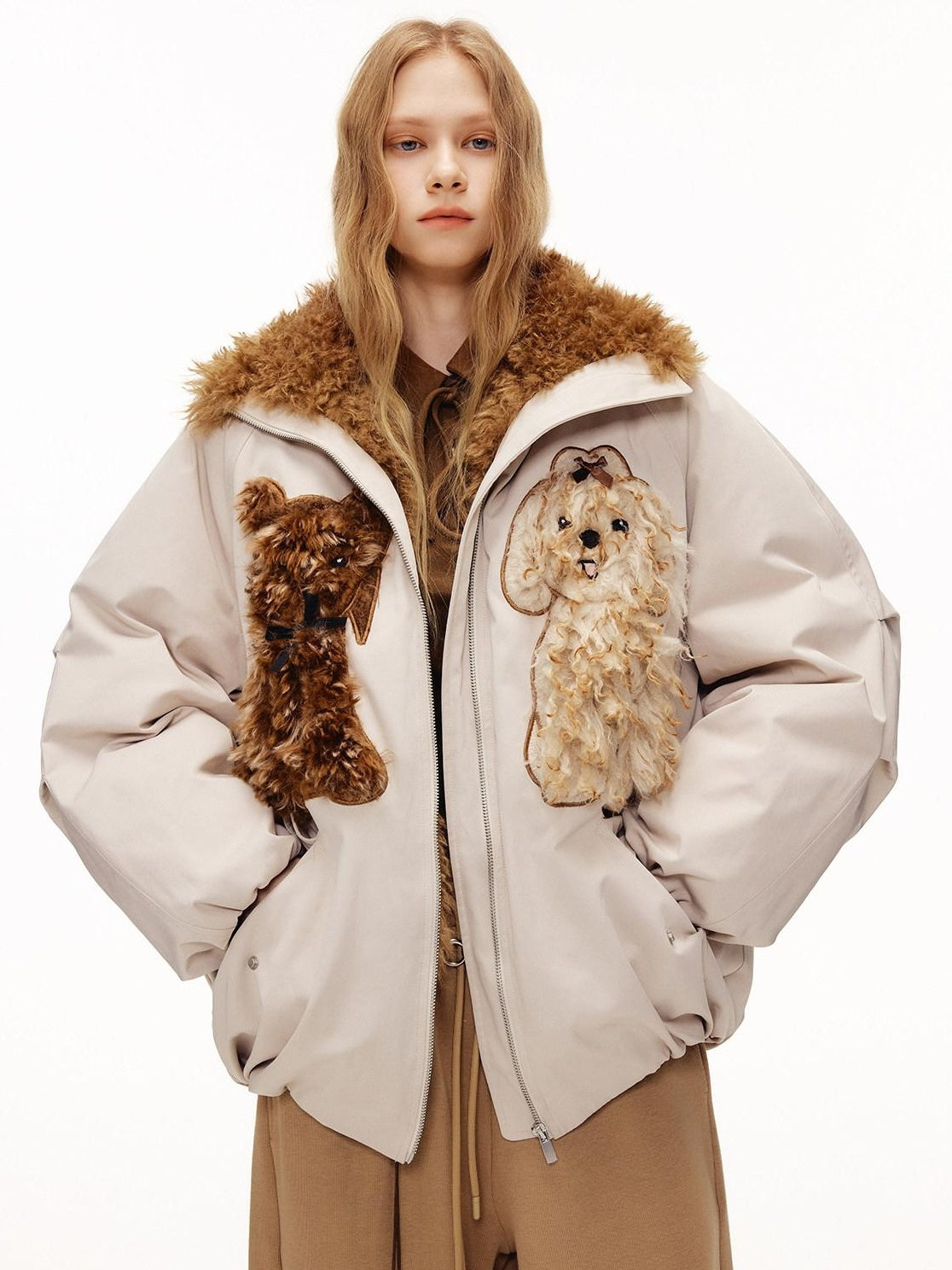 Outthe Blue Eco 90 Down Warm Loose Casual Patch Lapel High Waist Women Zipper Down Jackets