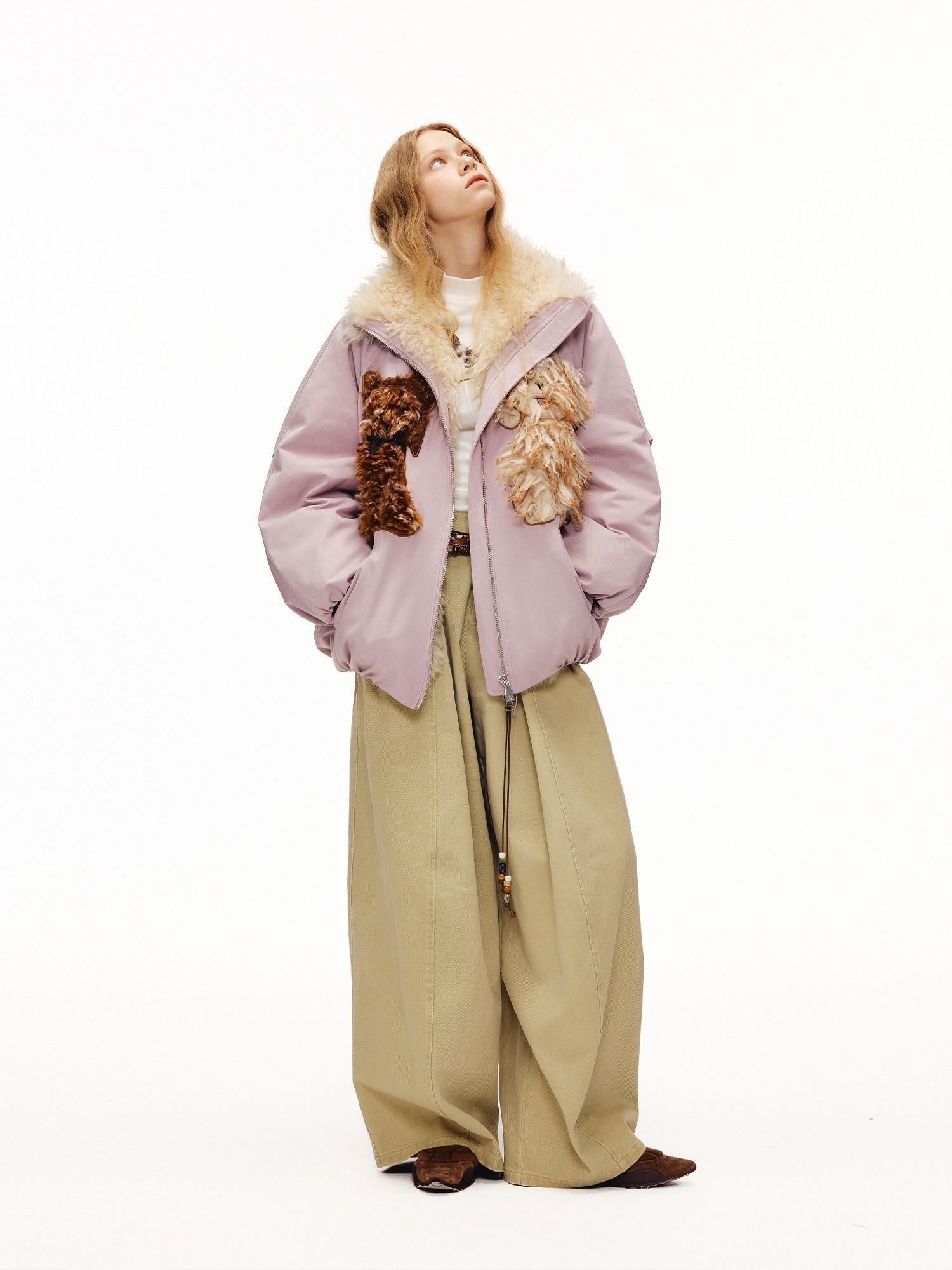 Outthe Blue Eco 90 Down Warm Loose Casual Patch Lapel High Waist Women Zipper Down Jackets