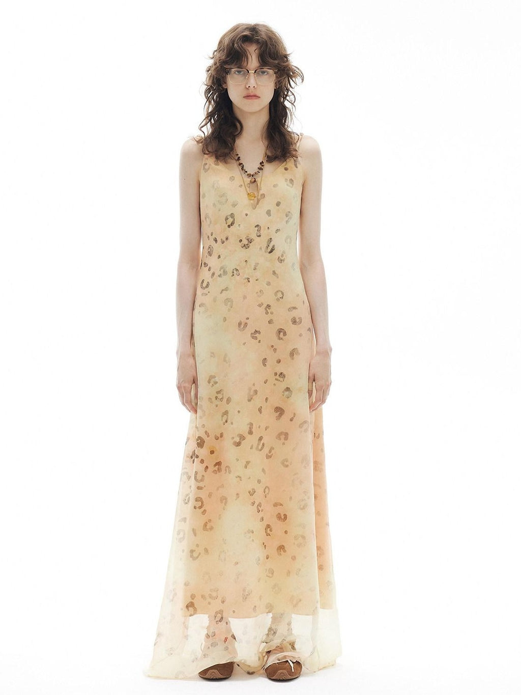 Outthe Blue Elegant Fitted Waist Spaghetti Strap V-neck A Line Almond Print Maxi Dresses