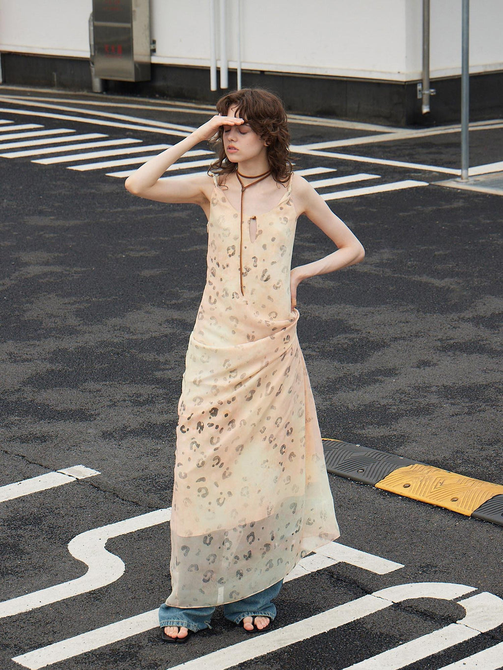 Outthe Blue Elegant Fitted Waist Spaghetti Strap V-neck A Line Almond Print Maxi Dresses
