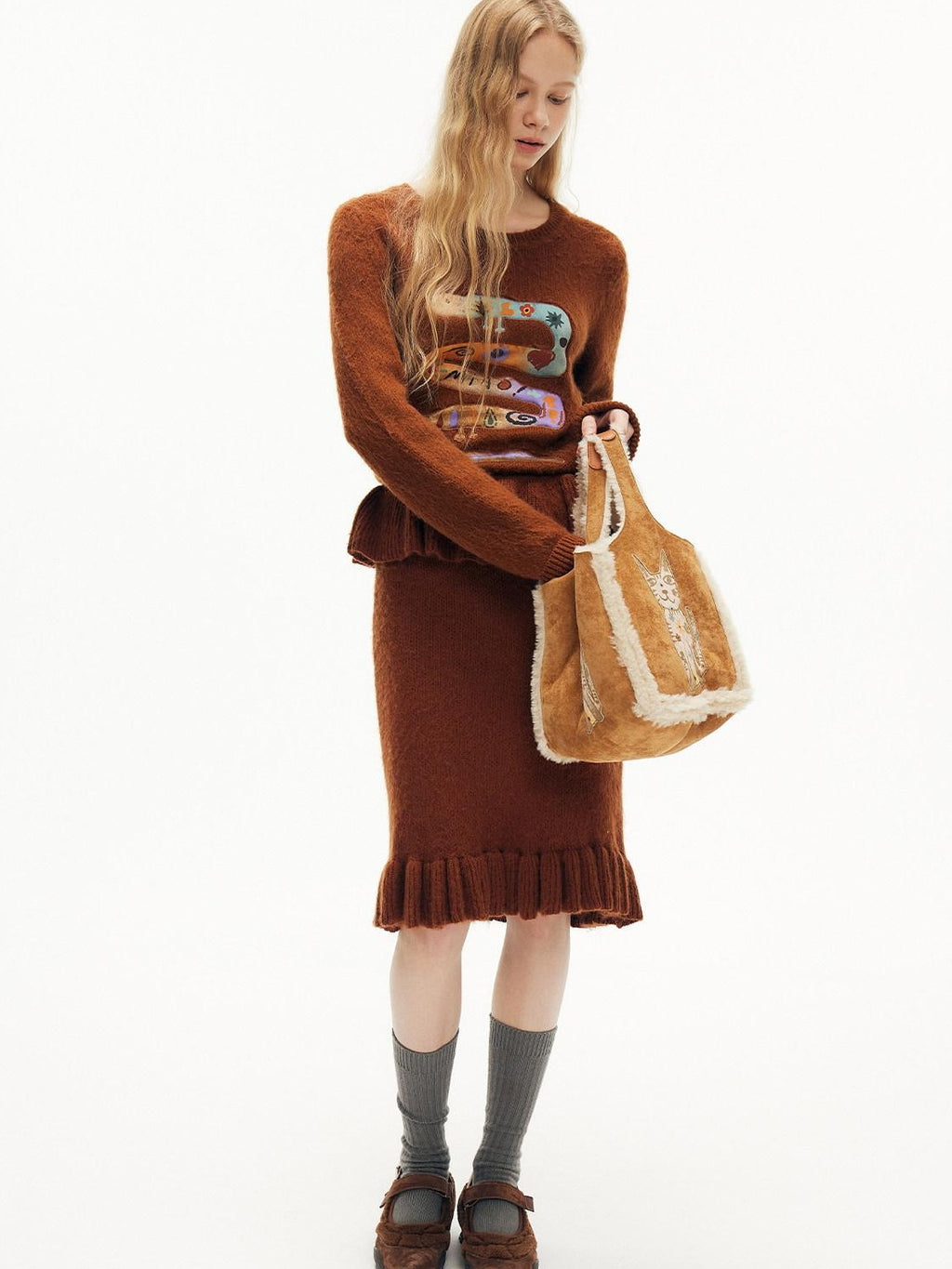 Outthe Blue Embroidered Animal Original Small Square Youth Polyester Honey Brown Tote Bags