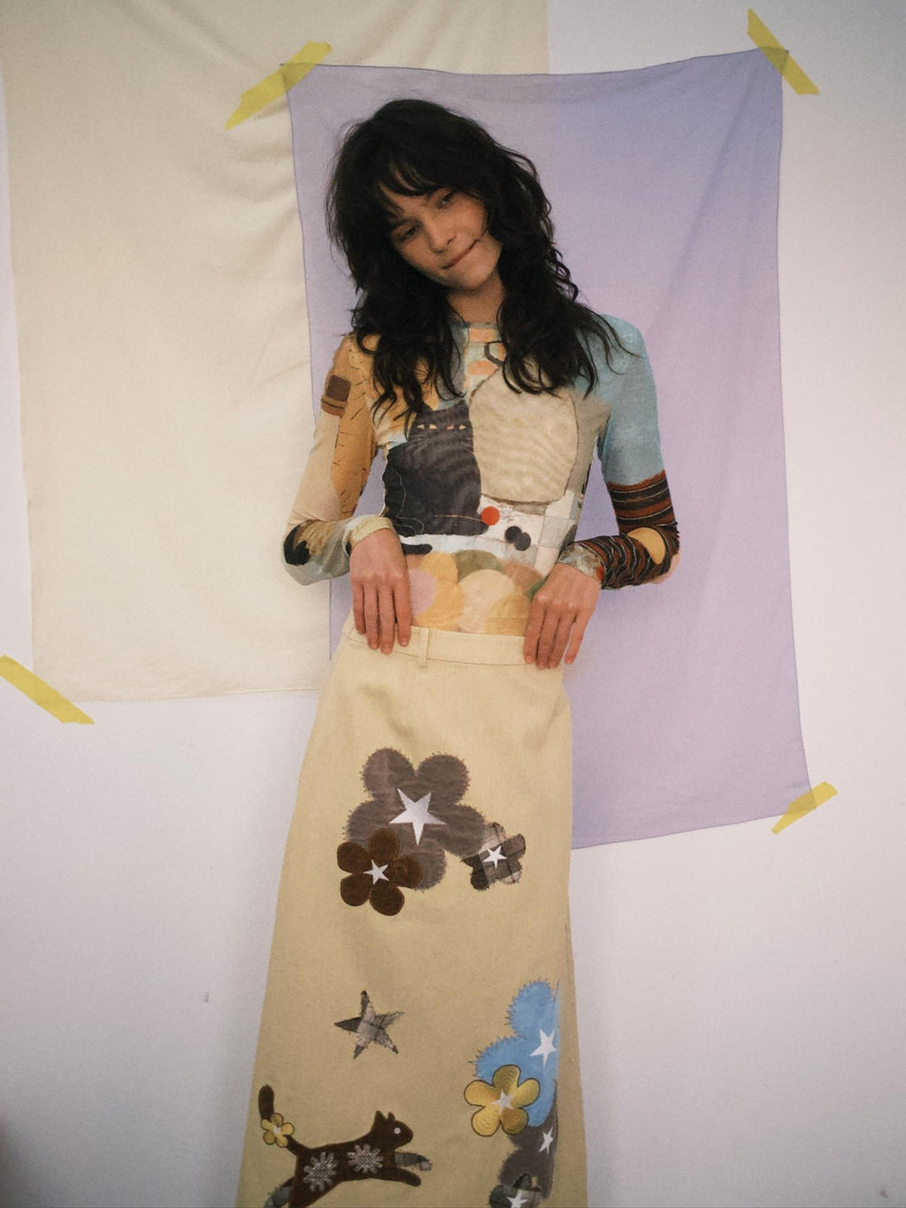 Outthe Blue Embroidered Floral High Waist A Line Loose Pale Yellow Cotton Maxi Skirts