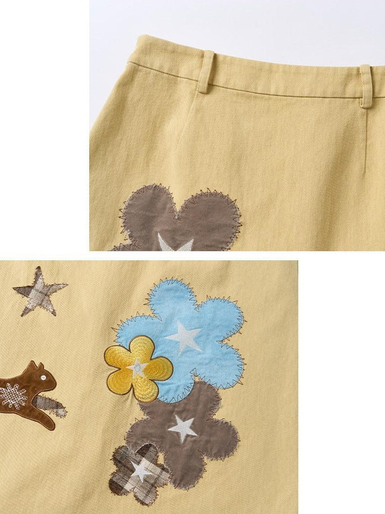 Outthe Blue Embroidered Floral High Waist A Line Loose Pale Yellow Cotton Maxi Skirts