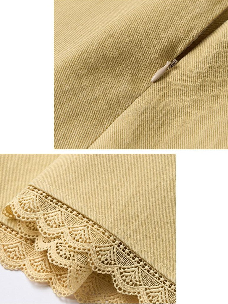 Outthe Blue Embroidered Floral High Waist A Line Loose Pale Yellow Cotton Maxi Skirts