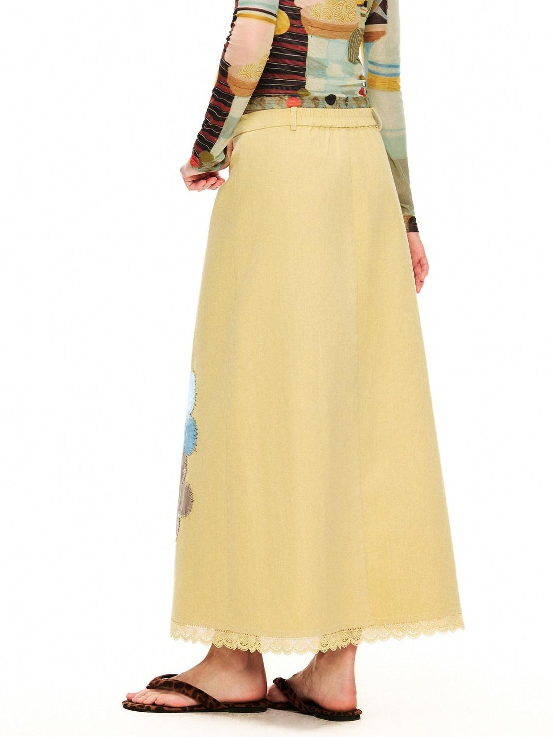 Outthe Blue Embroidered Floral High Waist A Line Loose Pale Yellow Cotton Maxi Skirts