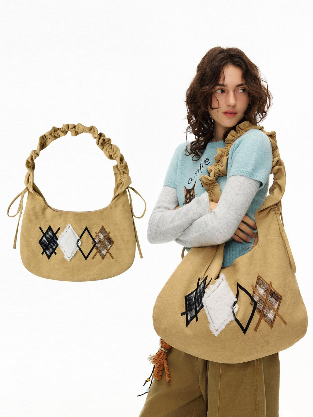 Outthe Blue Embroidered Korean Japanese Single Strap Canvas Geometric Light Brown Tote Bags
