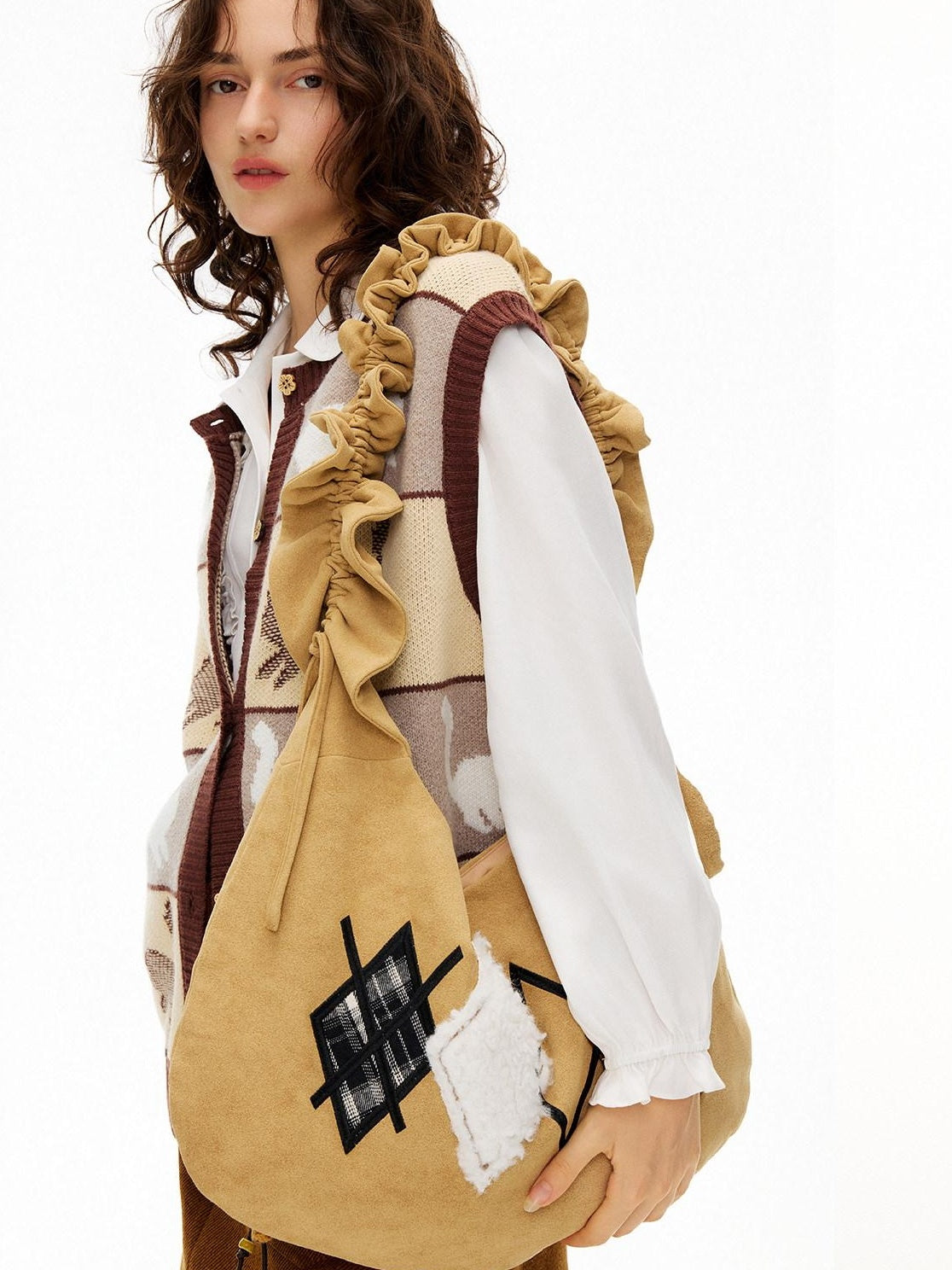 Outthe Blue Embroidered Korean Japanese Single Strap Canvas Geometric Light Brown Tote Bags
