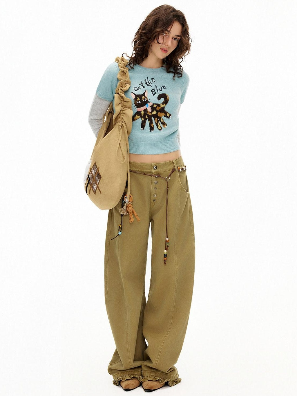 Outthe Blue Embroidered Korean Japanese Single Strap Canvas Geometric Light Brown Tote Bags