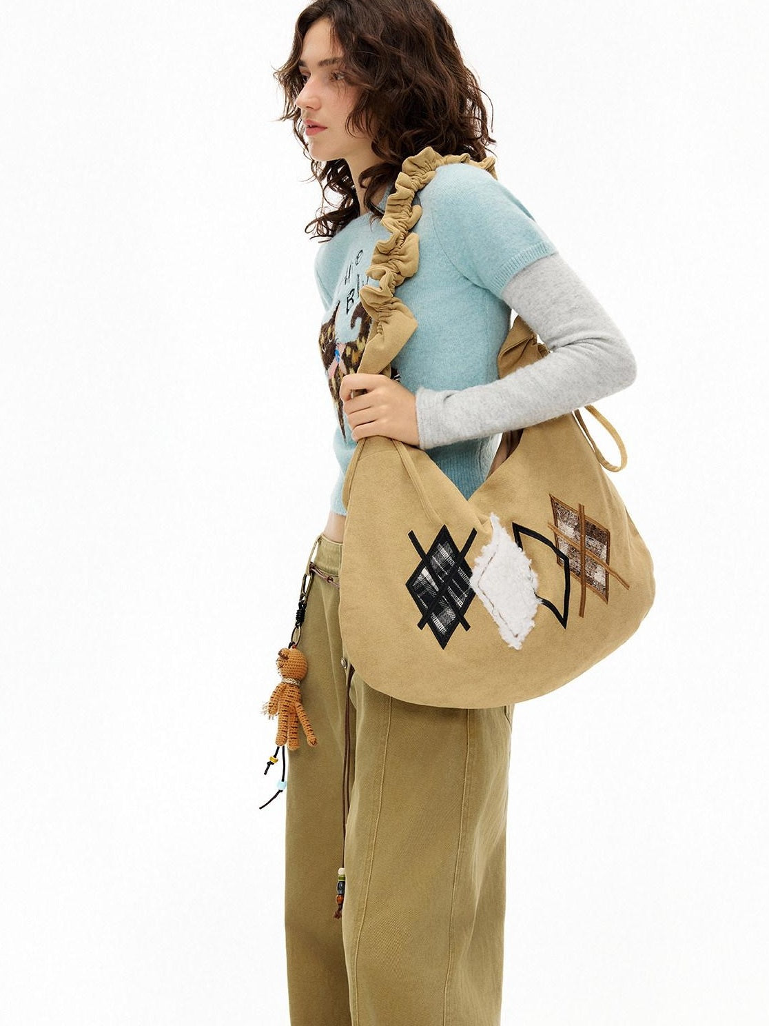 Outthe Blue Embroidered Korean Japanese Single Strap Canvas Geometric Light Brown Tote Bags