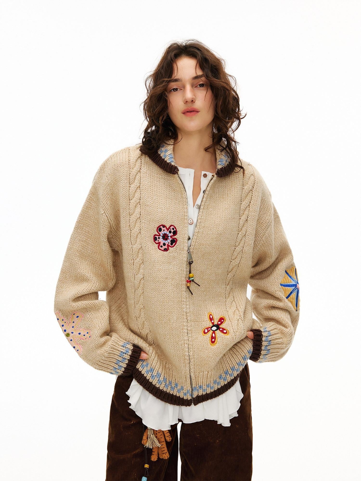 Outthe Blue Embroidered Loose Knit Zip Up Stand Collar Workwear Light Camel Animal Cardigans