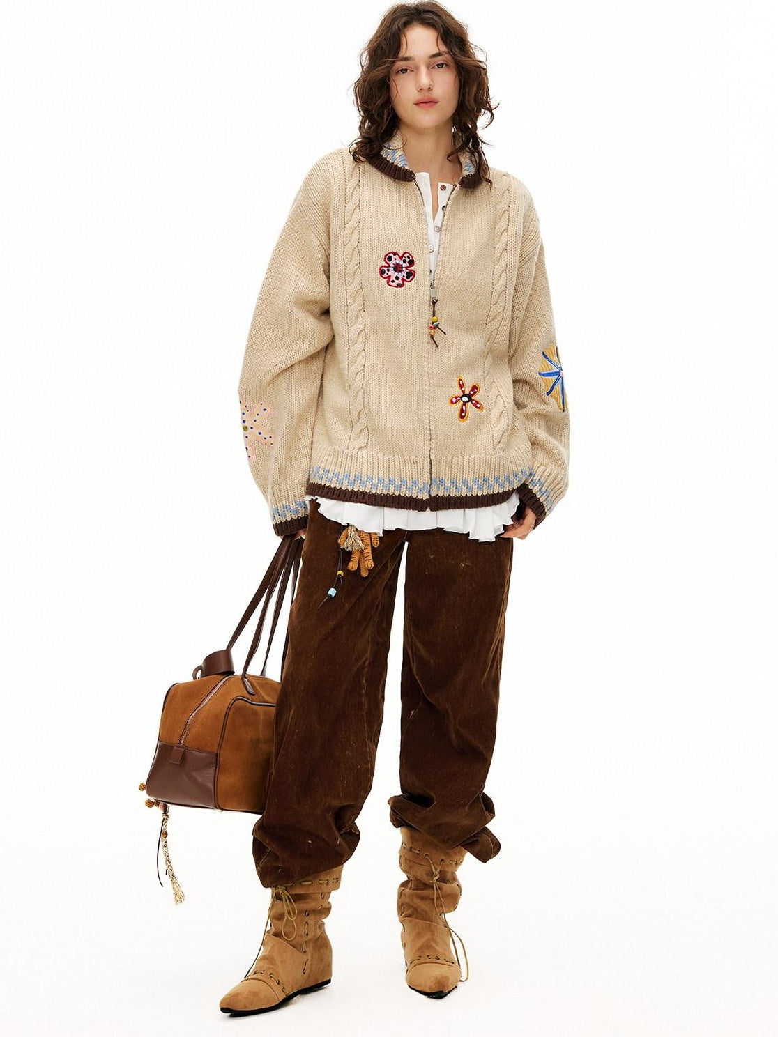Outthe Blue Embroidered Loose Knit Zip Up Stand Collar Workwear Light Camel Animal Cardigans