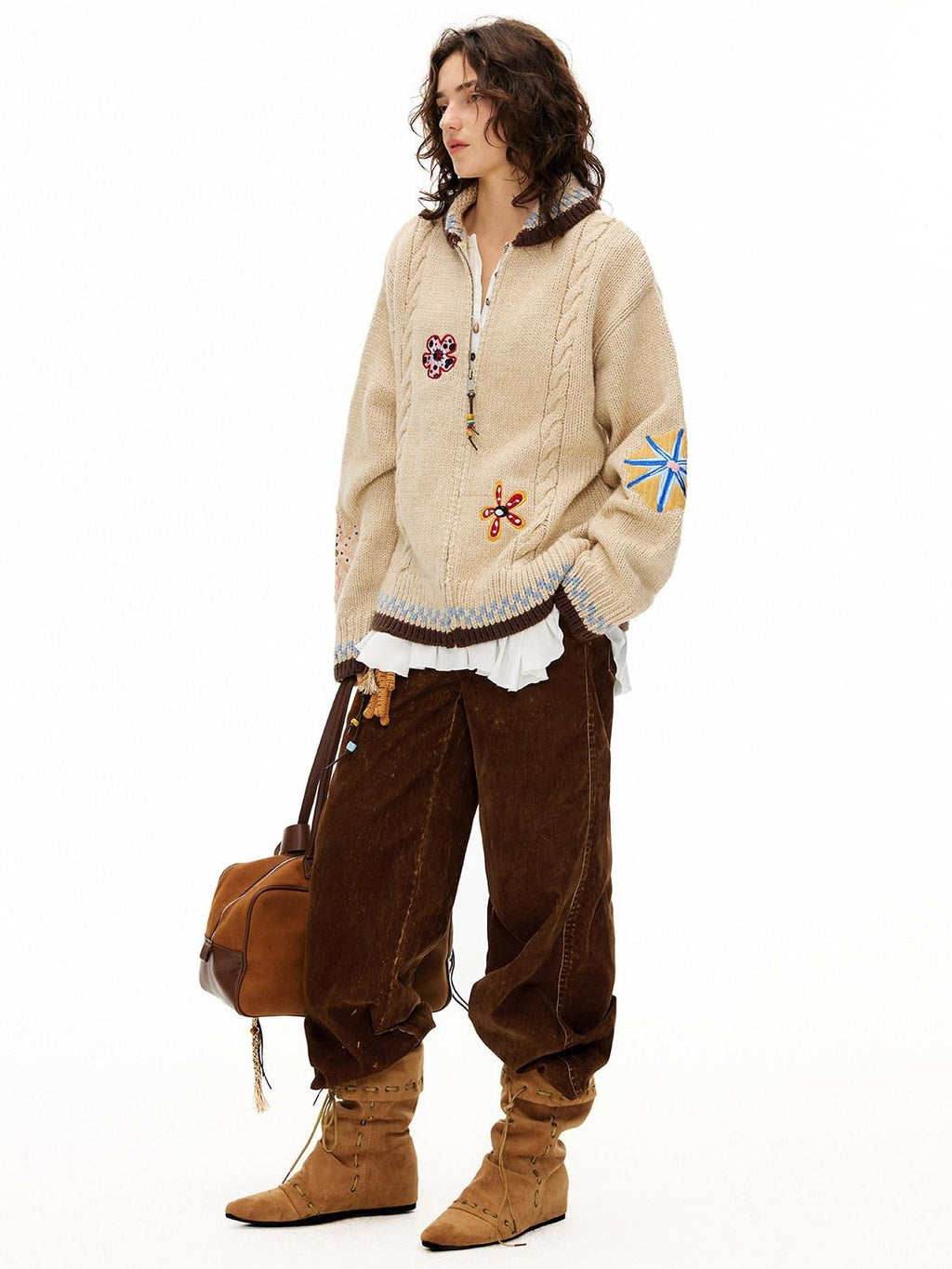 Outthe Blue Embroidered Loose Knit Zip Up Stand Collar Workwear Light Camel Animal Cardigans