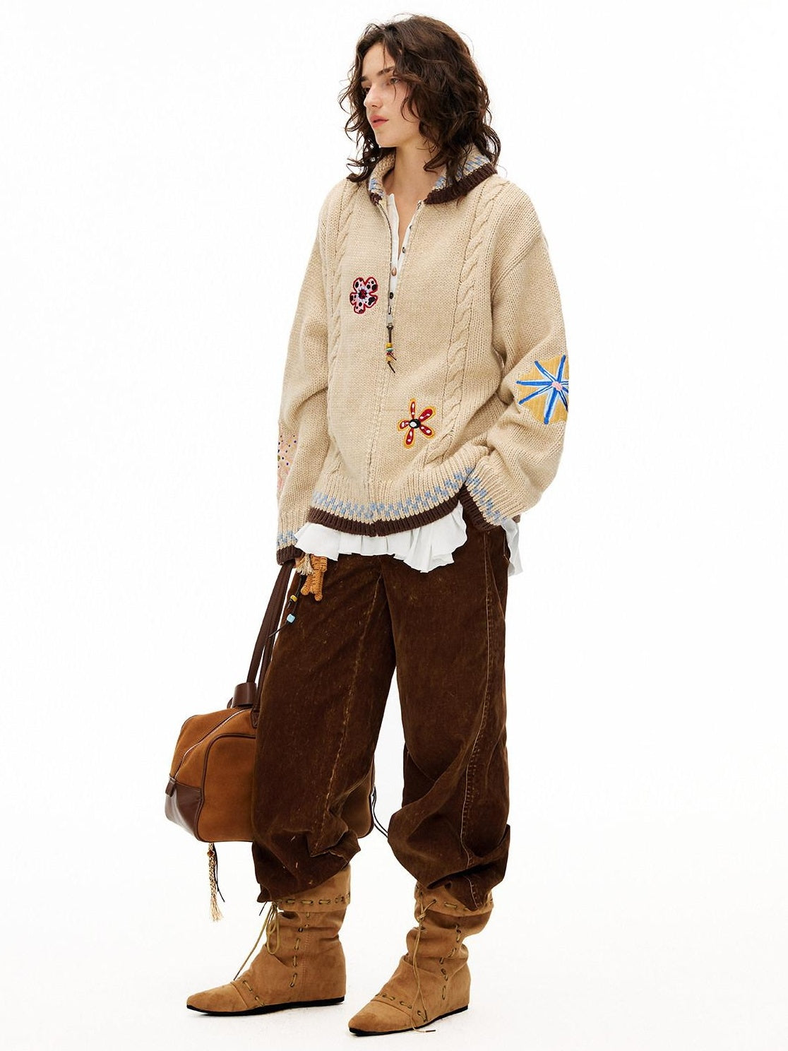 Outthe Blue Embroidered Loose Knit Zip Up Stand Collar Workwear Light Camel Animal Cardigans