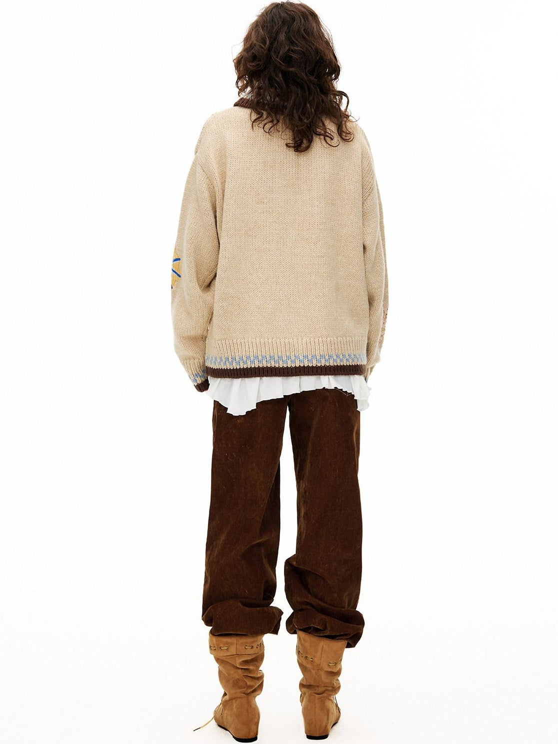 Outthe Blue Embroidered Loose Knit Zip Up Stand Collar Workwear Light Camel Animal Cardigans
