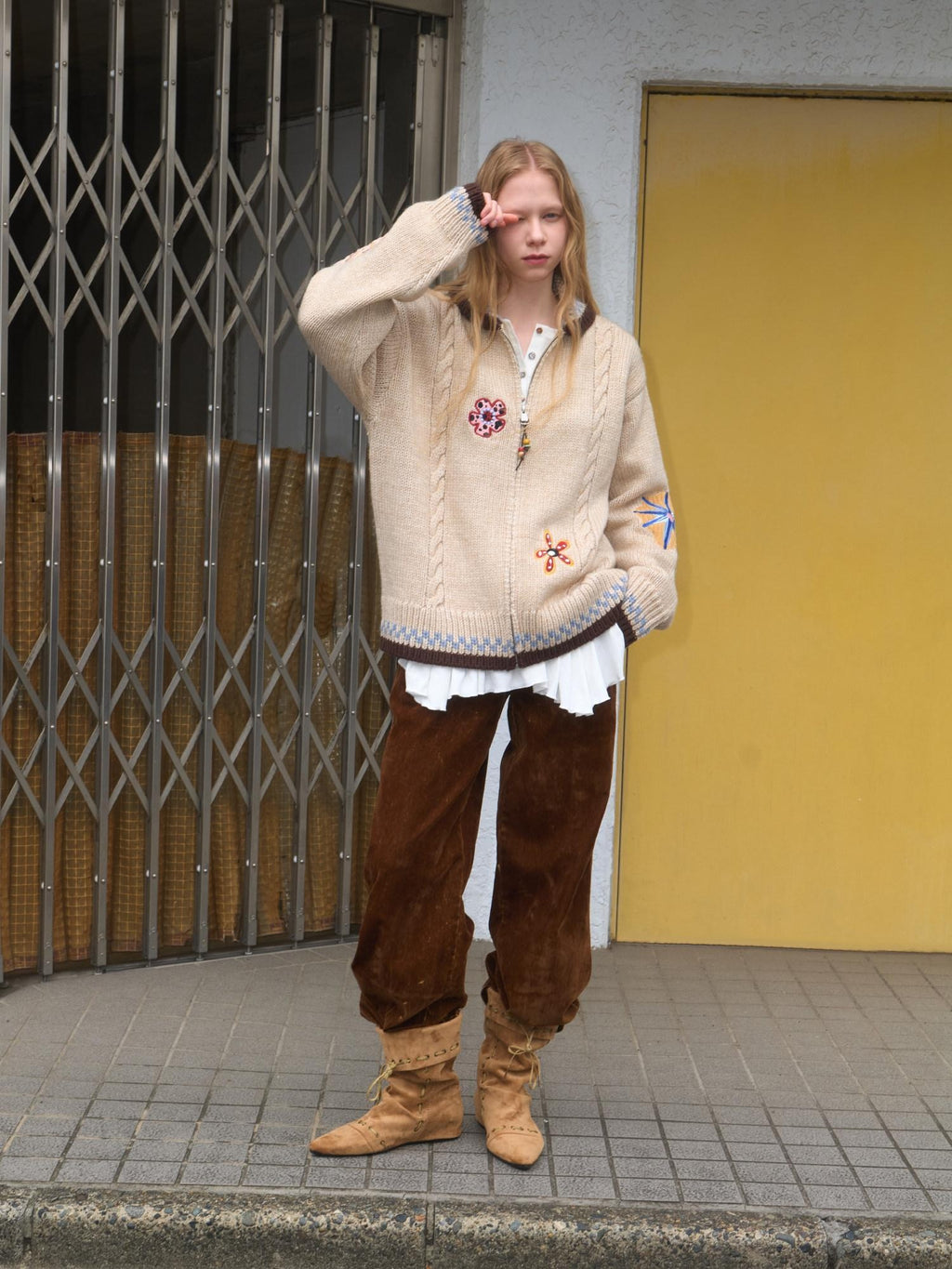 Outthe Blue Embroidered Loose Knit Zip Up Stand Collar Workwear Light Camel Animal Cardigans