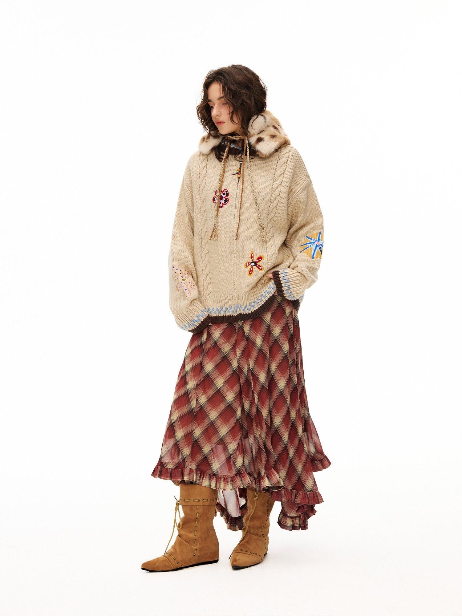 Outthe Blue Embroidered Loose Knit Zip Up Stand Collar Workwear Light Camel Animal Cardigans