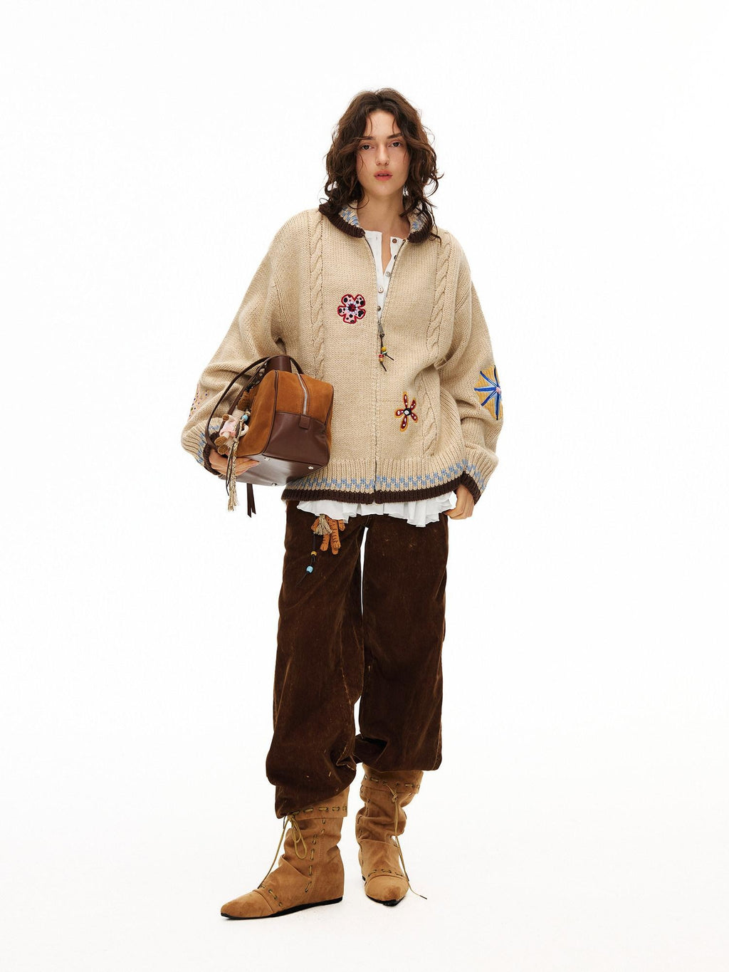 Outthe Blue Embroidered Loose Knit Zip Up Stand Collar Workwear Light Camel Animal Cardigans
