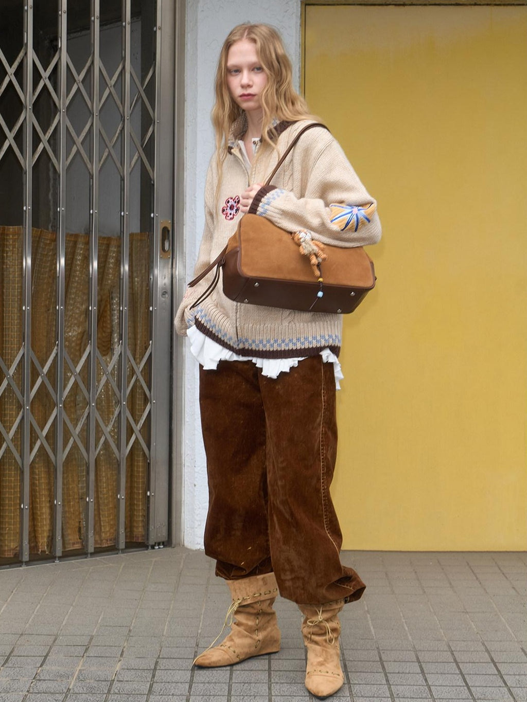Outthe Blue Embroidered Loose Knit Zip Up Stand Collar Workwear Light Camel Animal Cardigans