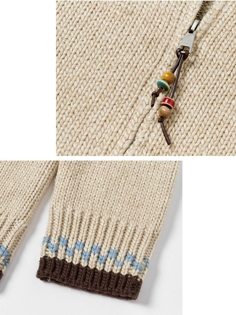 Outthe Blue Embroidered Loose Knit Zip Up Stand Collar Workwear Light Camel Animal Cardigans