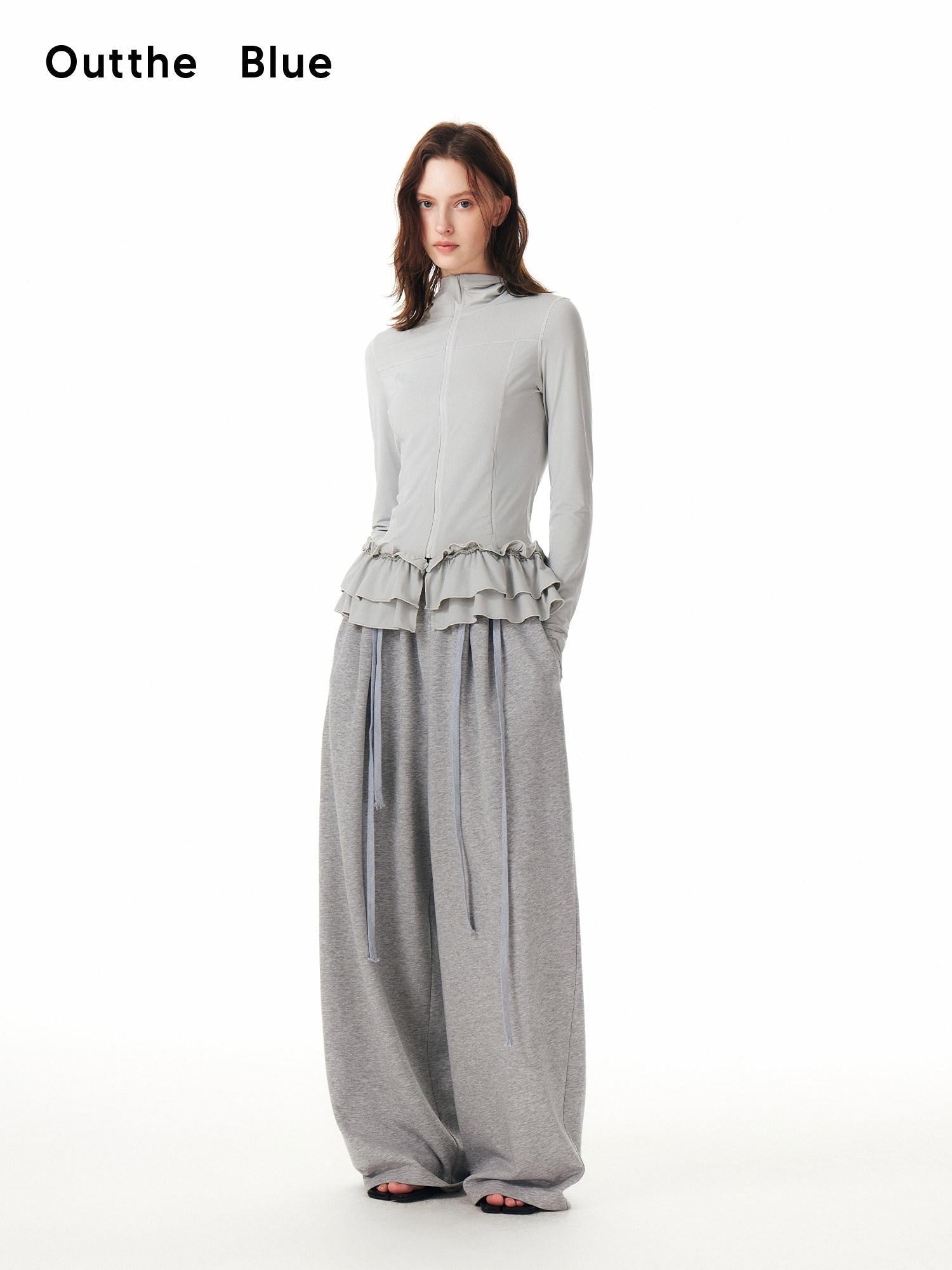 Outthe Blue Embroidered Pocket Relaxed Workwear Natural Waist Gray Cotton Wide Leg Pants