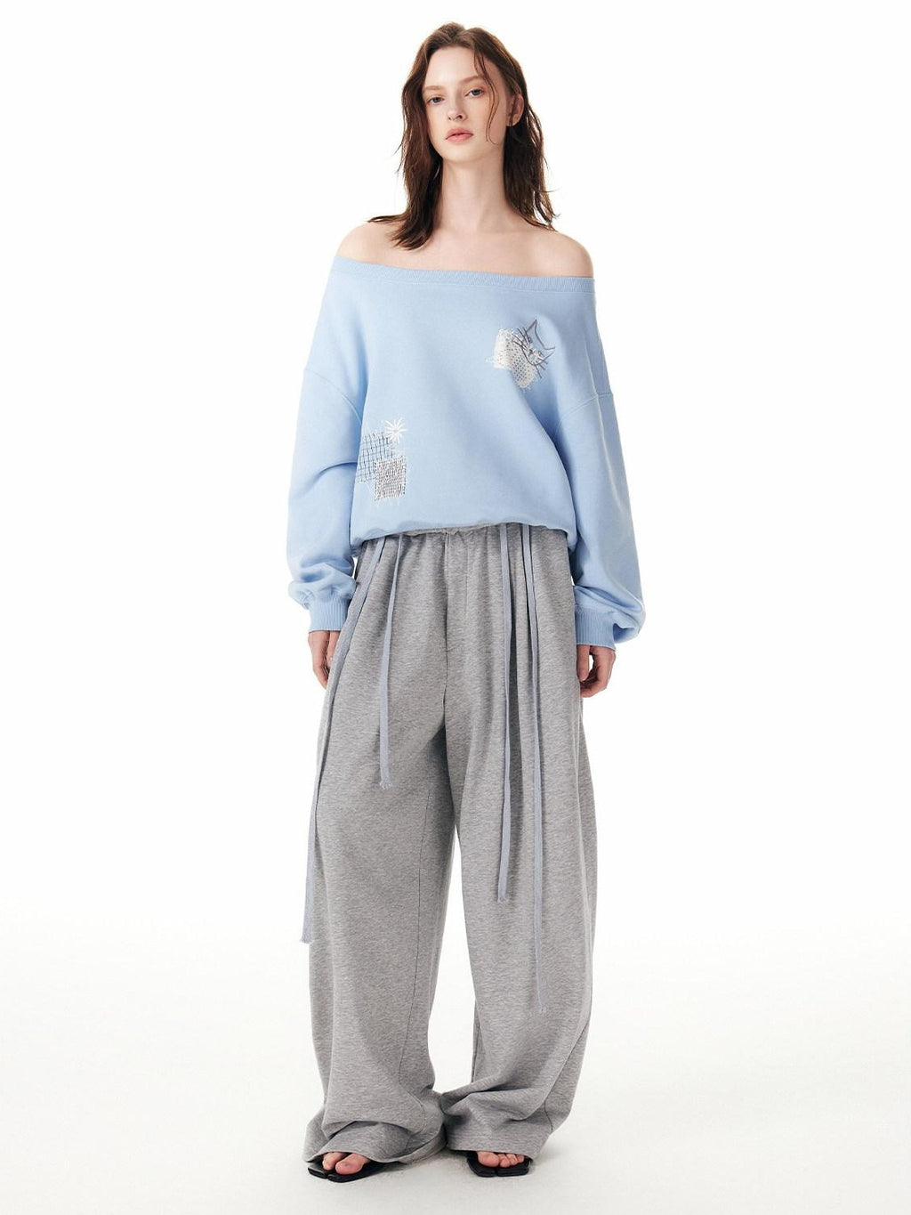 Outthe Blue Embroidered Pocket Relaxed Workwear Natural Waist Gray Cotton Wide Leg Pants