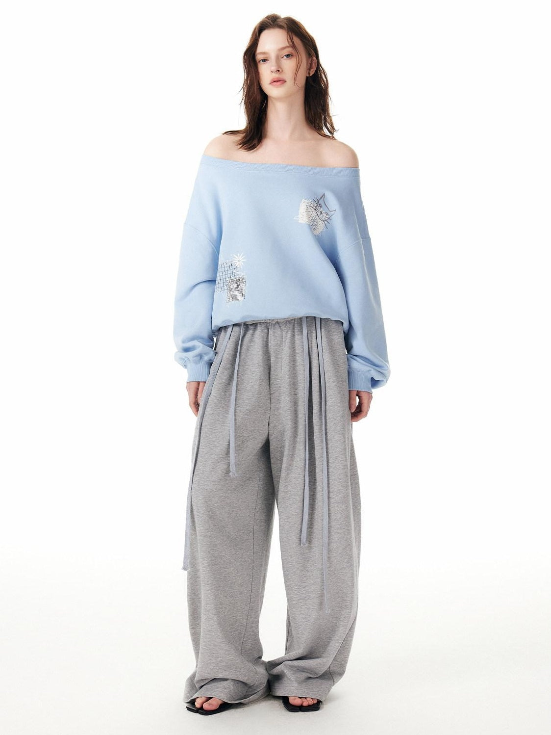 Outthe Blue Embroidered Pocket Relaxed Workwear Natural Waist Gray Cotton Wide Leg Pants