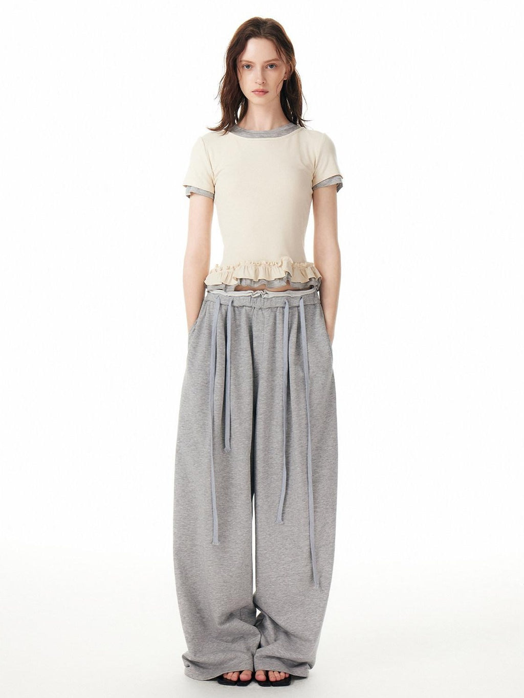 Outthe Blue Embroidered Pocket Relaxed Workwear Natural Waist Gray Cotton Wide Leg Pants