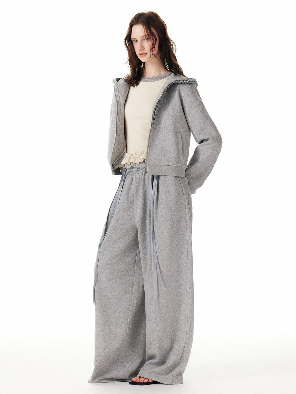 Outthe Blue Embroidered Pocket Relaxed Workwear Natural Waist Gray Cotton Wide Leg Pants