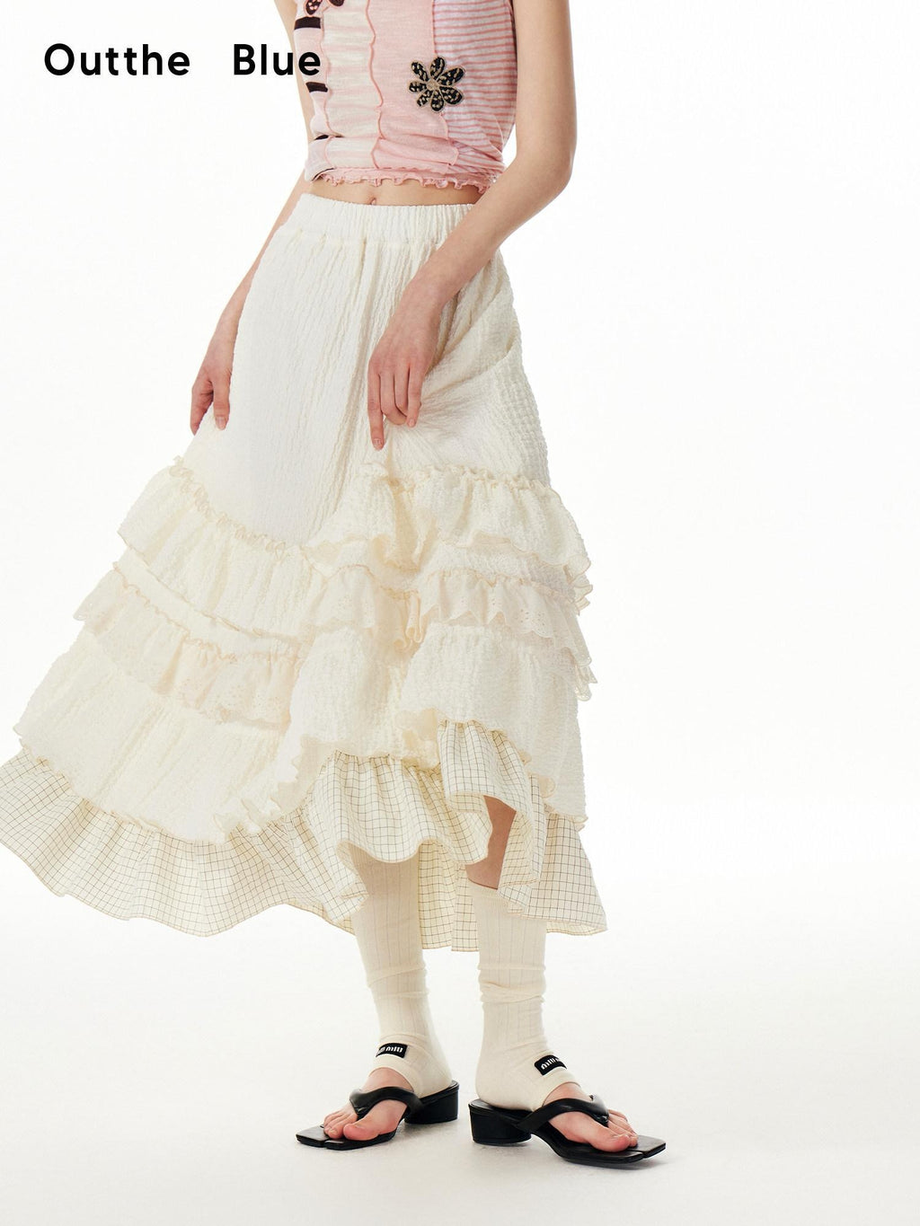 Outthe Blue Embroidered Sweet Tiered Mid Waist A Line Cream Poly Spandex Midi Skirts