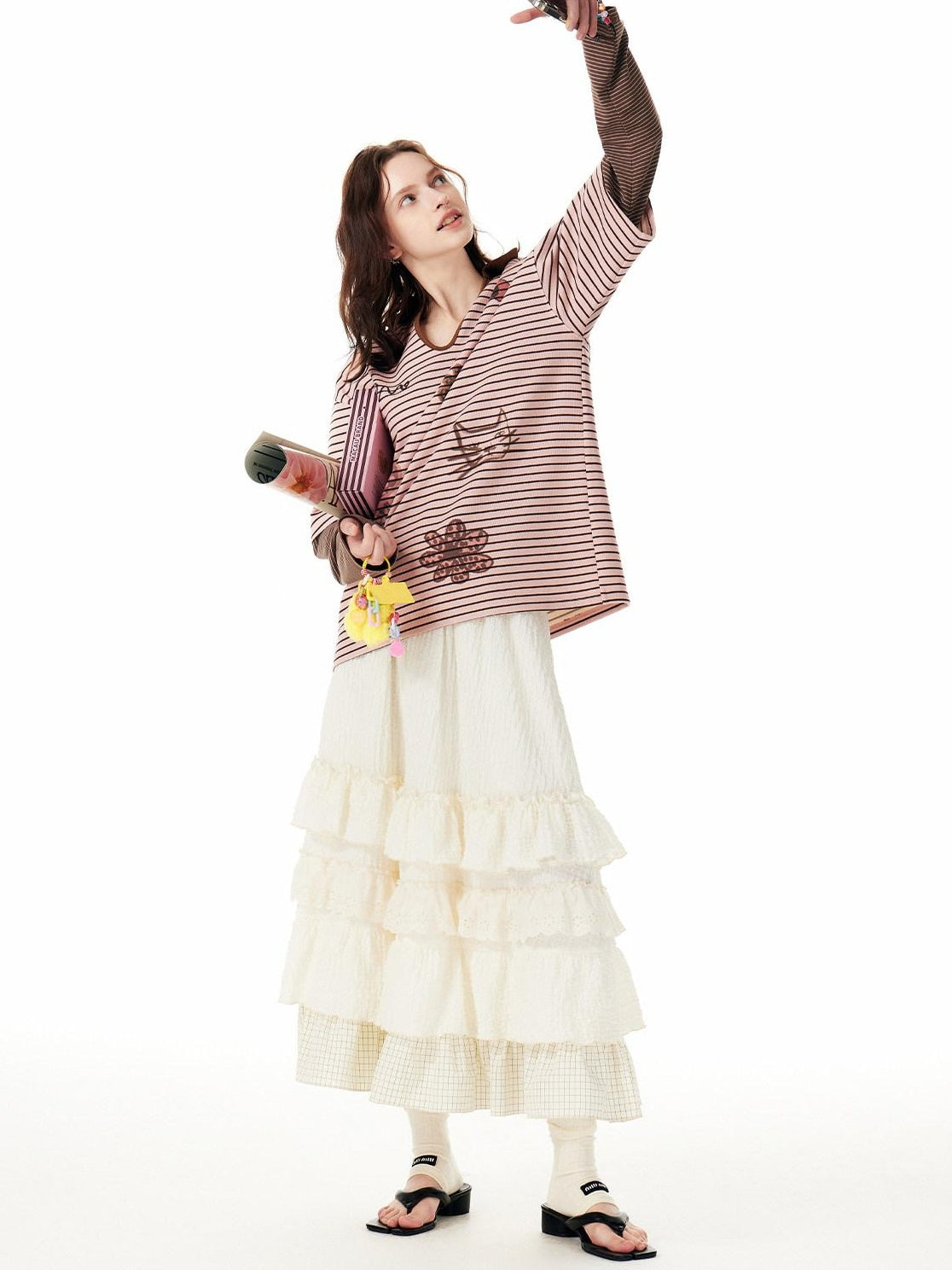 Outthe Blue Embroidered Sweet Tiered Mid Waist A Line Cream Poly Spandex Midi Skirts