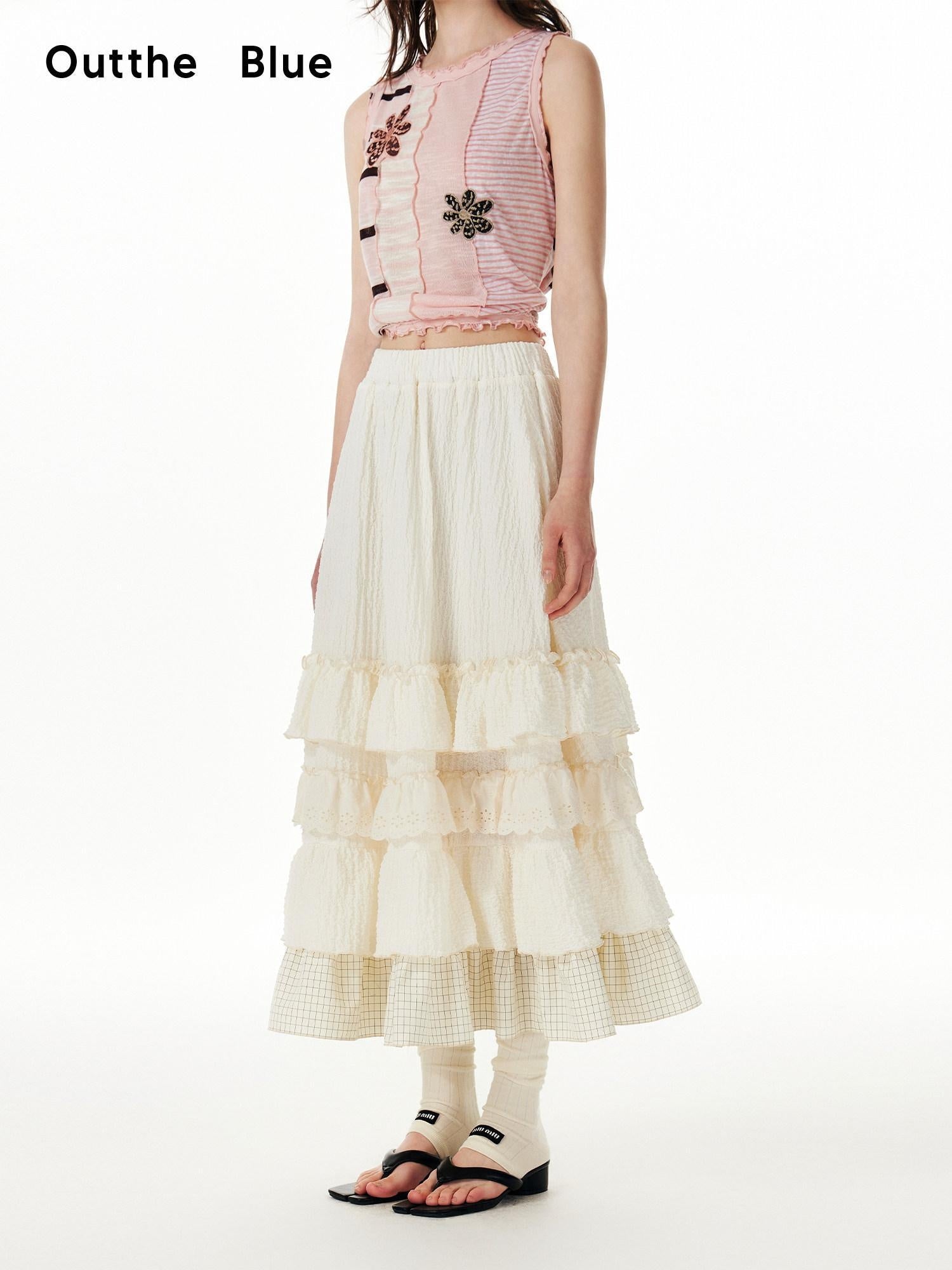 Outthe Blue Embroidered Sweet Tiered Mid Waist A Line Cream Poly Spandex Midi Skirts