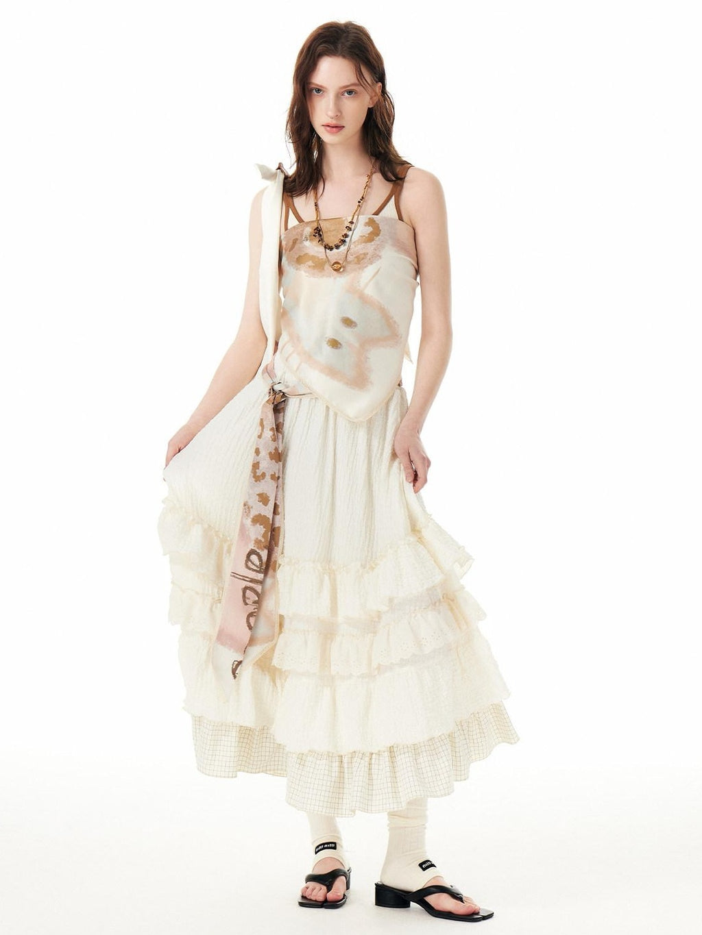 Outthe Blue Embroidered Sweet Tiered Mid Waist A Line Cream Poly Spandex Midi Skirts