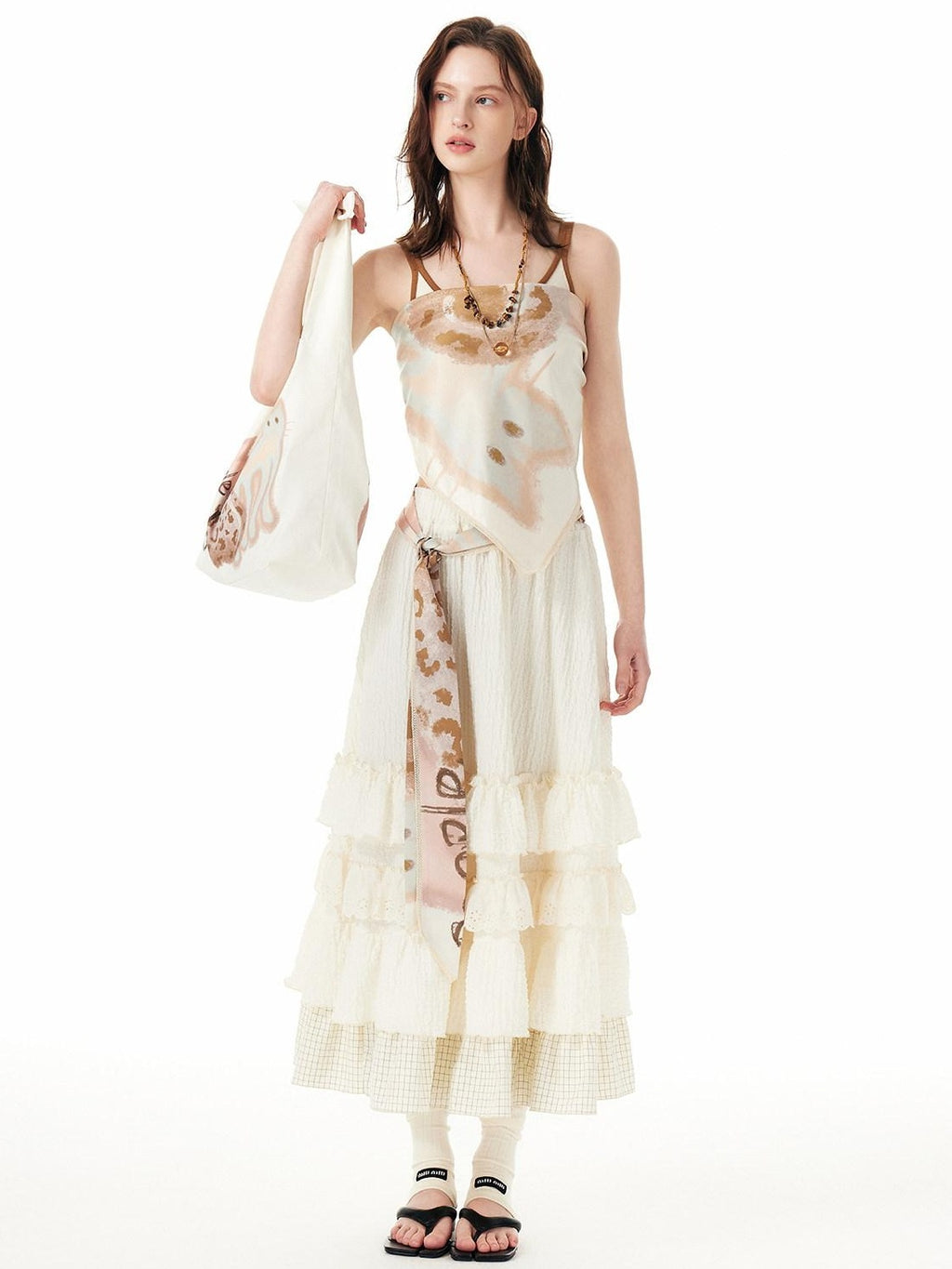Outthe Blue Embroidered Sweet Tiered Mid Waist A Line Cream Poly Spandex Midi Skirts