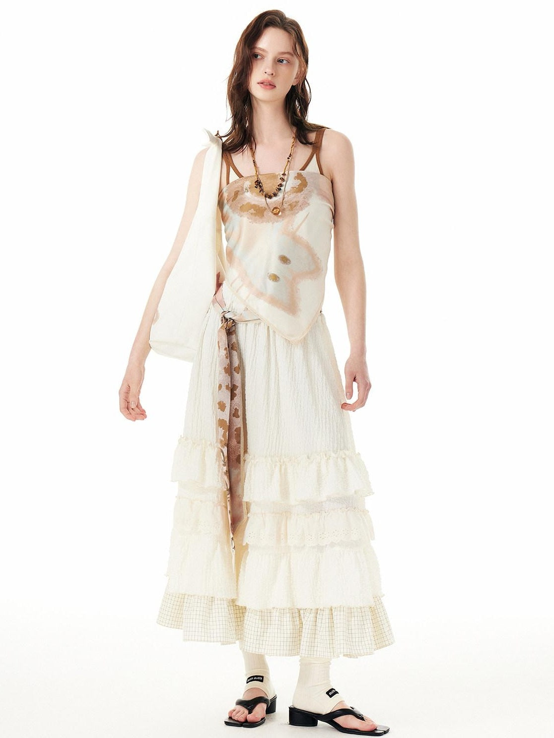 Outthe Blue Embroidered Sweet Tiered Mid Waist A Line Cream Poly Spandex Midi Skirts