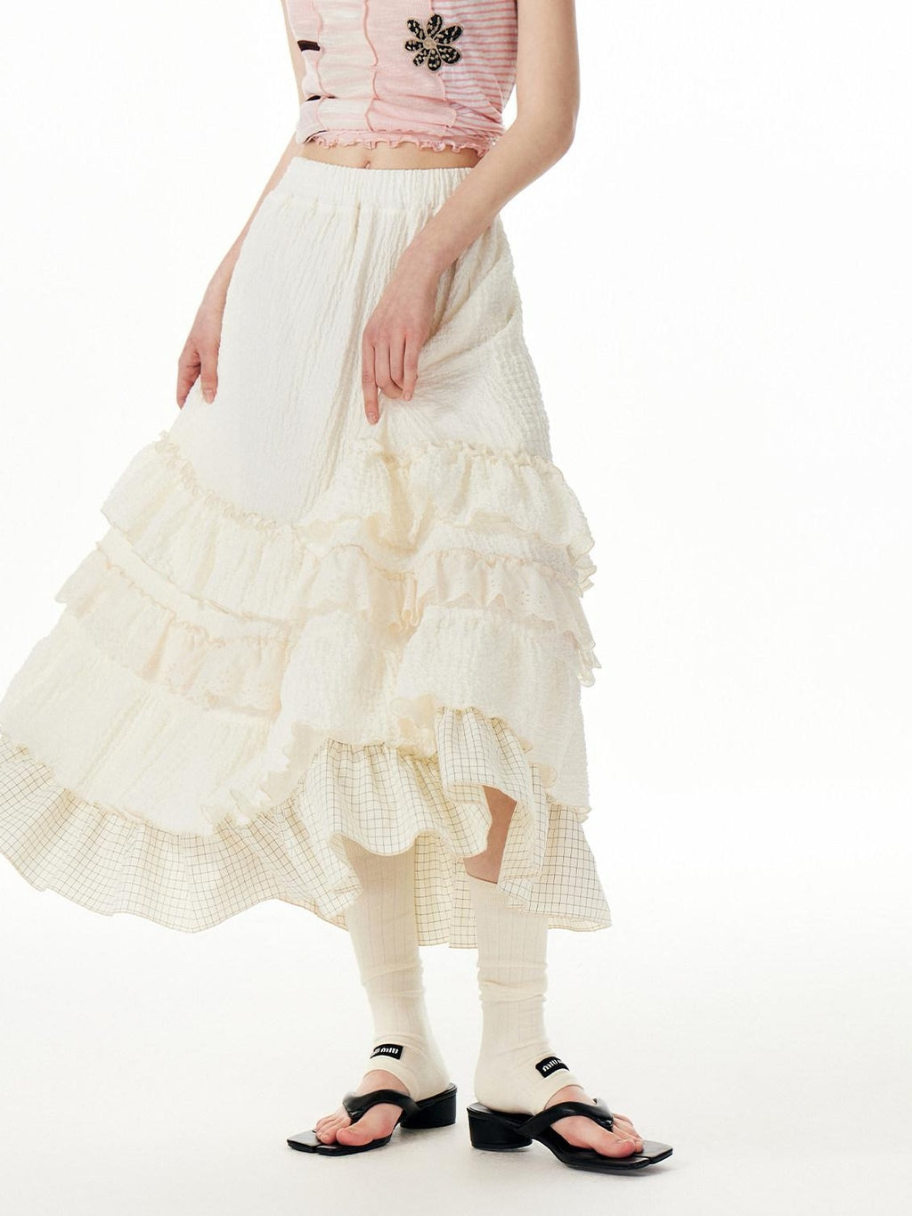 Outthe Blue Embroidered Sweet Tiered Mid Waist A Line Cream Poly Spandex Midi Skirts