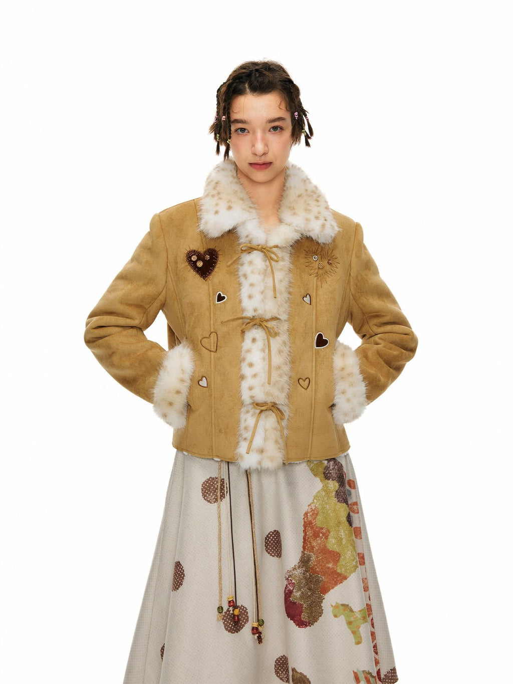 Outthe Blue Faux Fur Lined Slim Casual Tie Front Lapel Women Khaki Heart Short Jackets