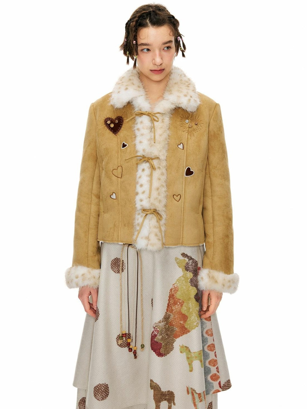 Outthe Blue Faux Fur Lined Slim Casual Tie Front Lapel Women Khaki Heart Short Jackets