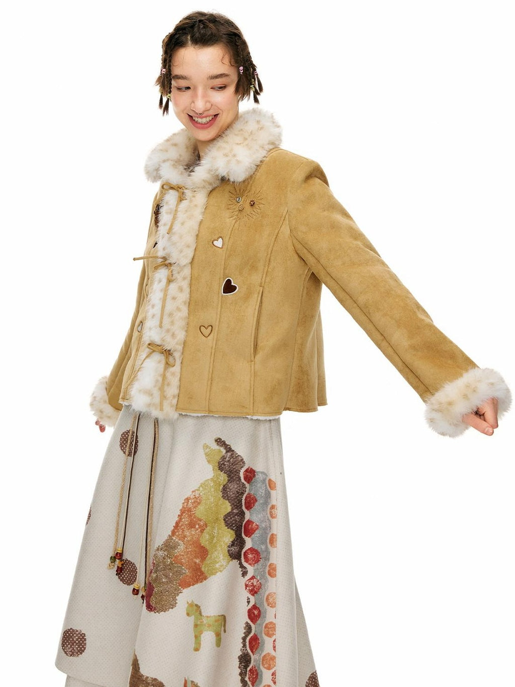 Outthe Blue Faux Fur Lined Slim Casual Tie Front Lapel Women Khaki Heart Short Jackets