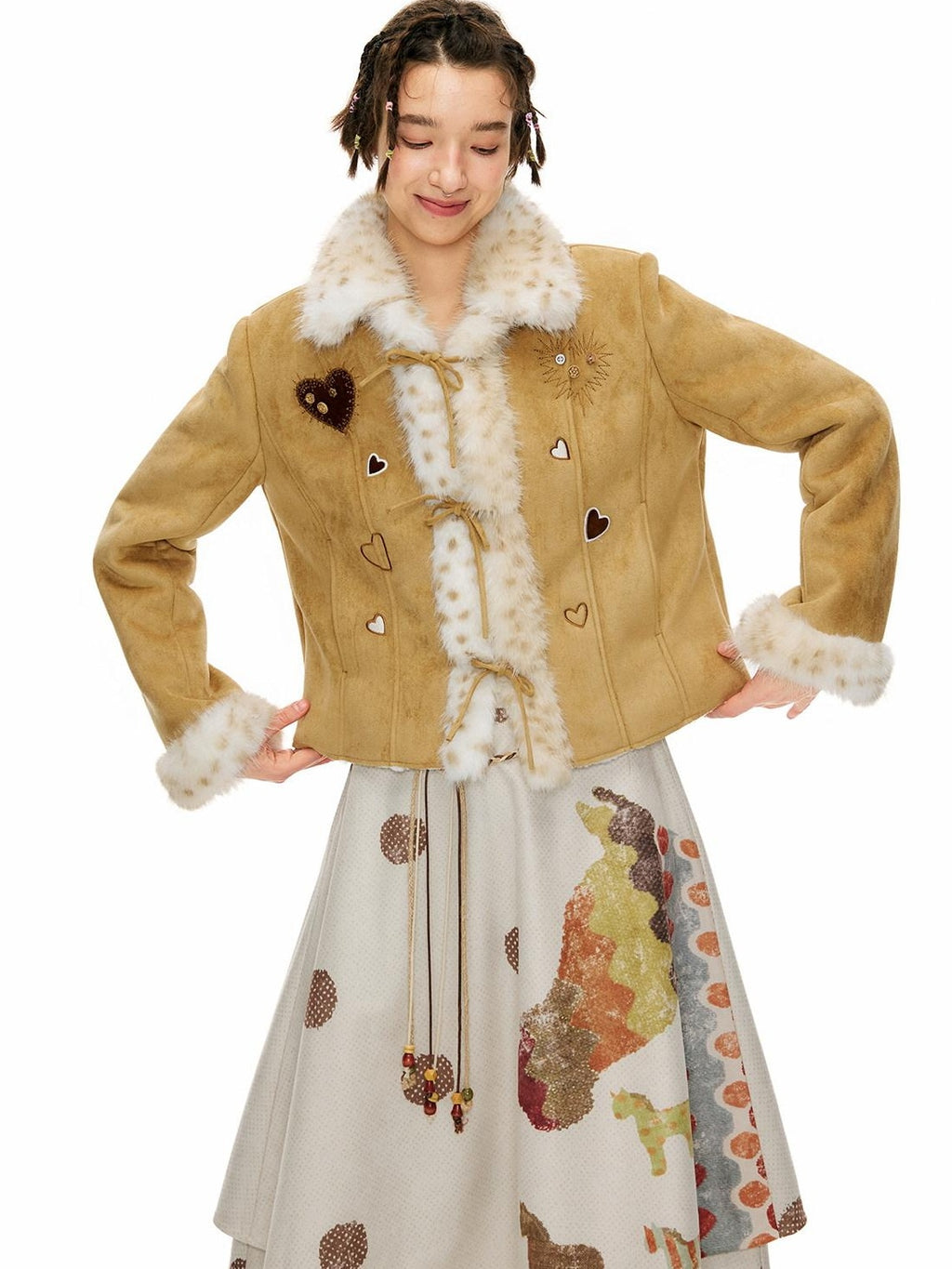 Outthe Blue Faux Fur Lined Slim Casual Tie Front Lapel Women Khaki Heart Short Jackets