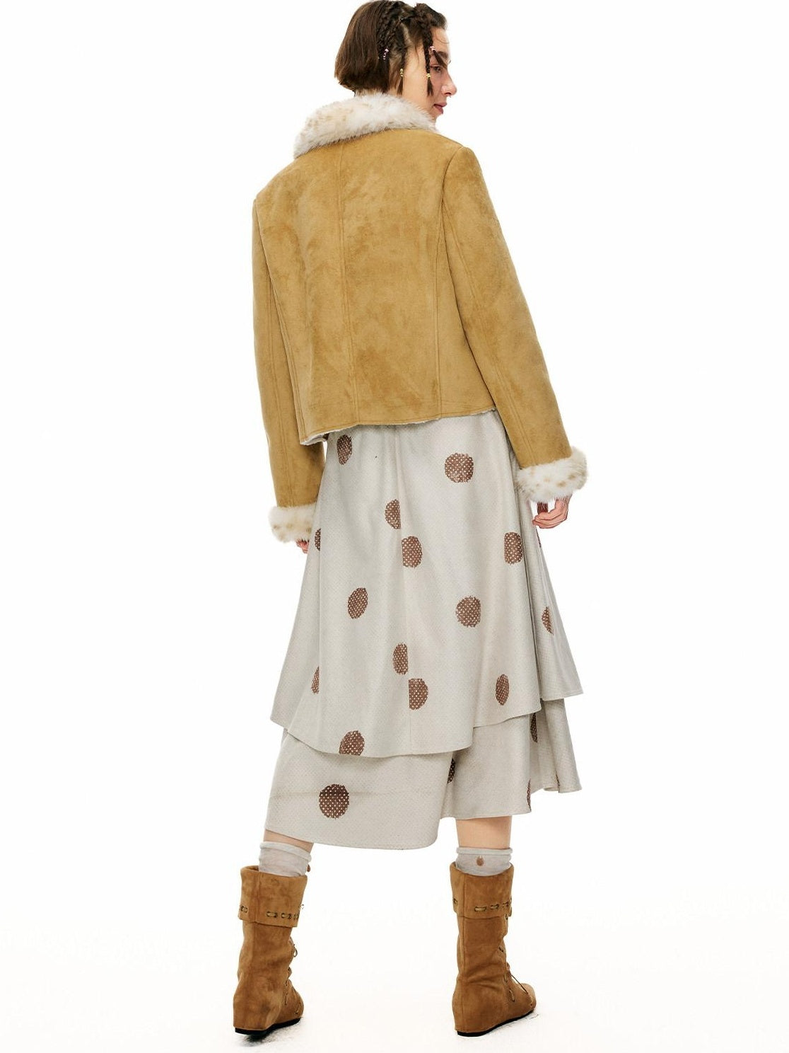Outthe Blue Faux Fur Lined Slim Casual Tie Front Lapel Women Khaki Heart Short Jackets