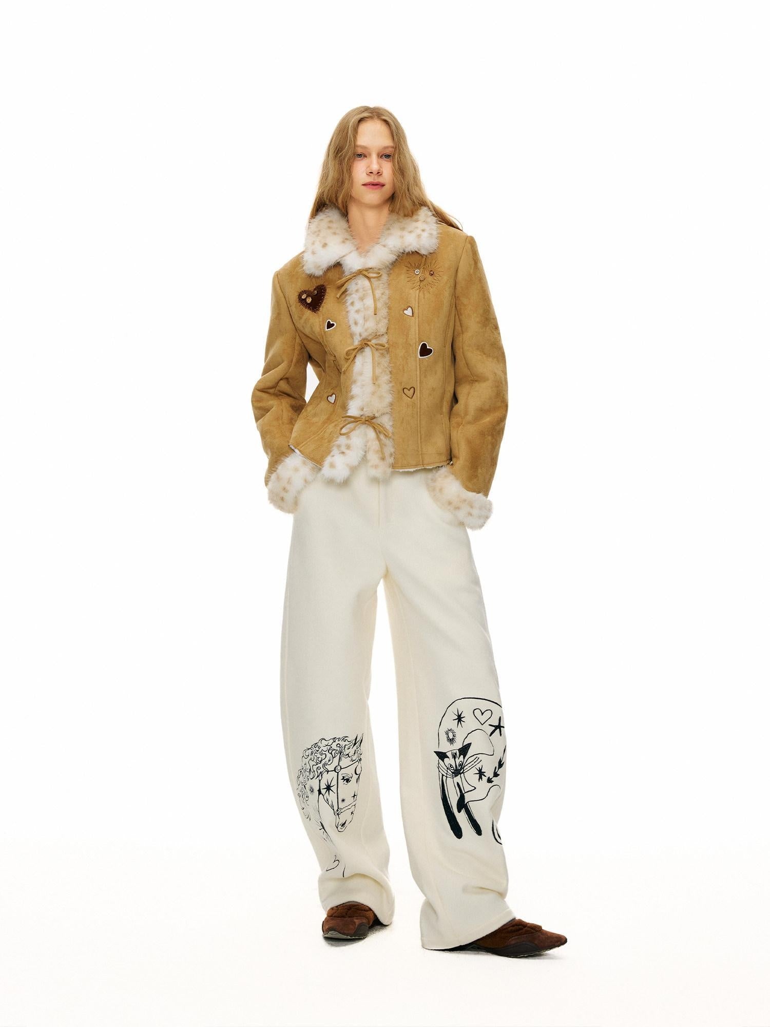 Outthe Blue Faux Fur Lined Slim Casual Tie Front Lapel Women Khaki Heart Short Jackets