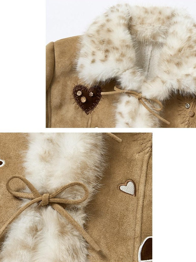 Outthe Blue Faux Fur Lined Slim Casual Tie Front Lapel Women Khaki Heart Short Jackets